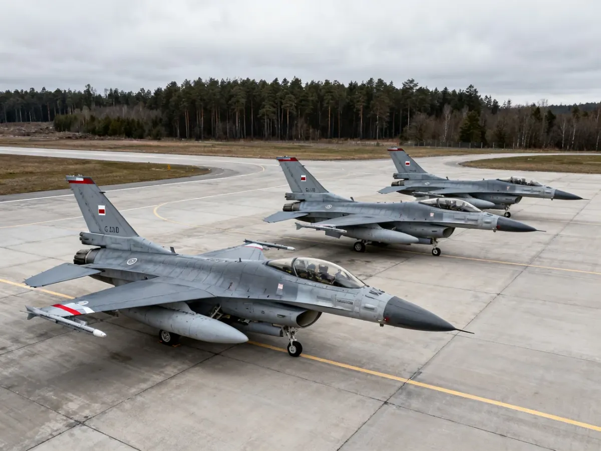 Polskie myśliwce F-16 stacjonujące na wojskowym lotnisku