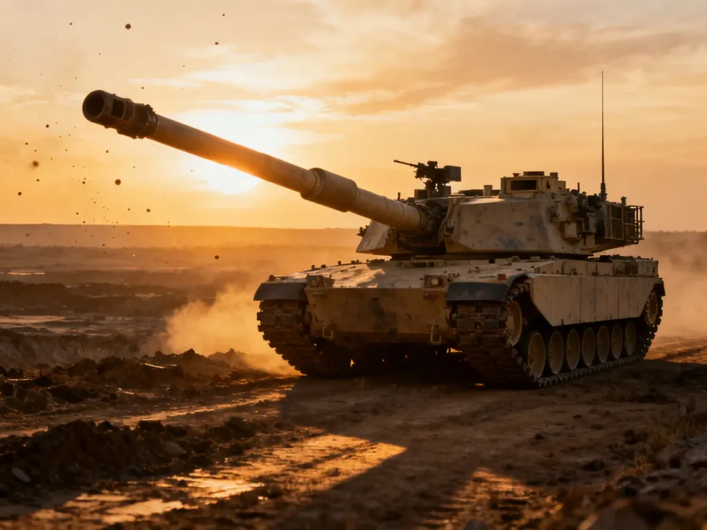 Samobieżna haubica M109 Paladin na pustynnym polu walki podczas zachodu słońca.