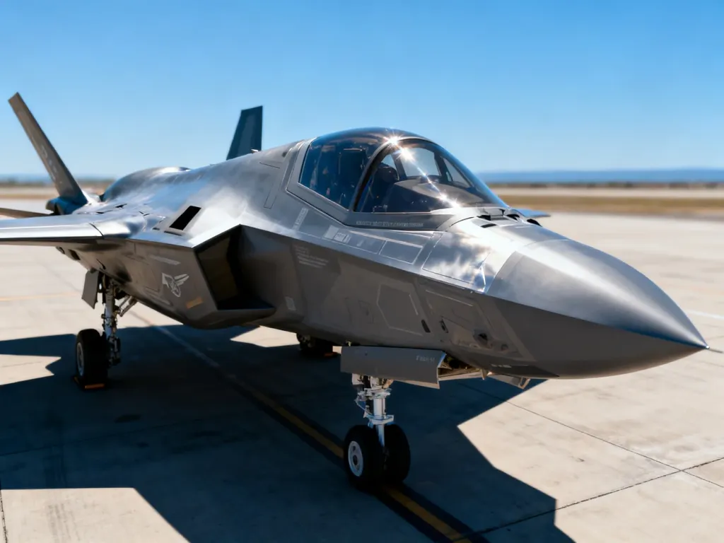 Nowoczesny myśliwiec F-35 zaparkowany na płycie lotniska w pełnym słońcu, prezentujący swoją zaawansowaną konstrukcję stealth.