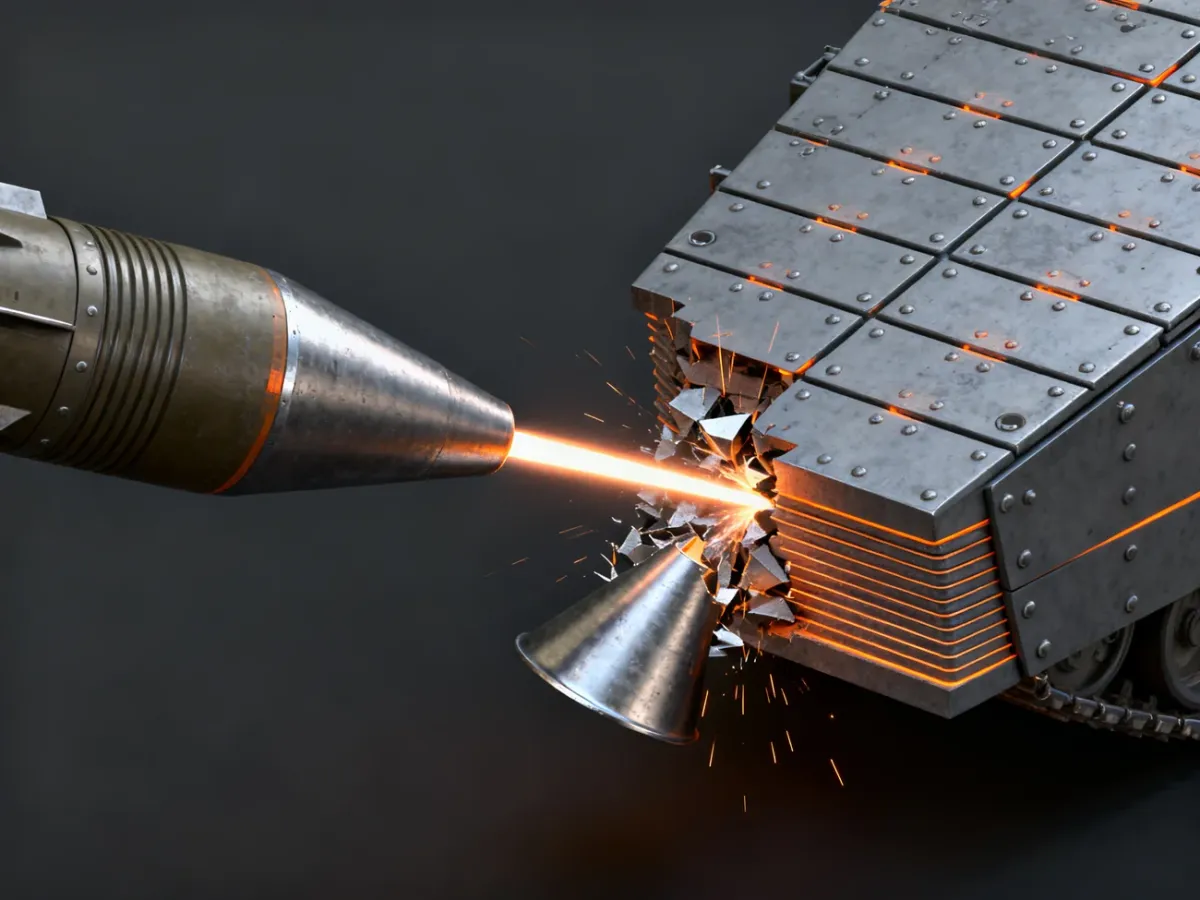 Przekrój głowicy kumulacyjnej formującej strumień metalu przed pancerzem pojazdu