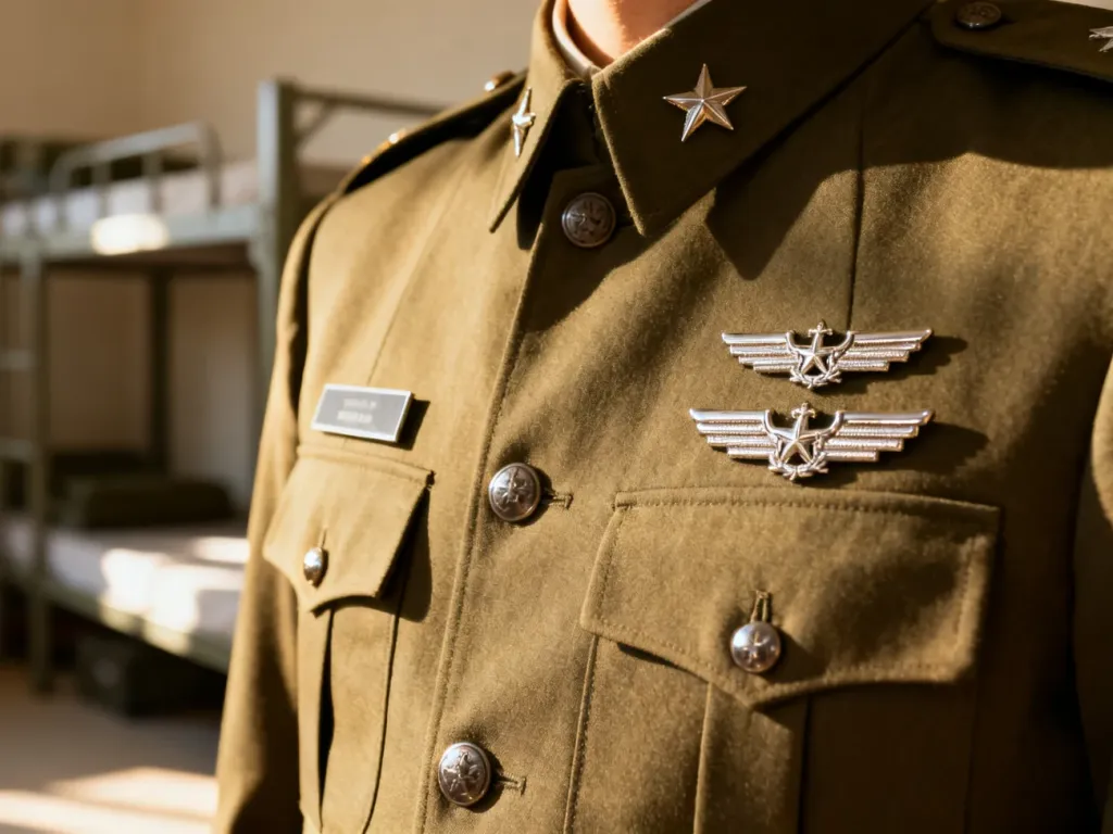 Zbliżenie na oliwkowy mundur wojskowy z precyzyjnie przypiętymi metalowymi odznakami i stopniami wojskowymi.
