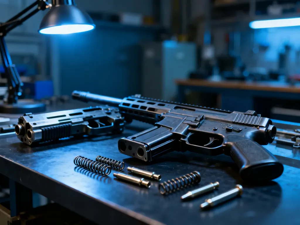 Zbliżenie na metalowe mechanizmy broni automatycznej i półautomatycznej rozłożone na warsztatowym stole.