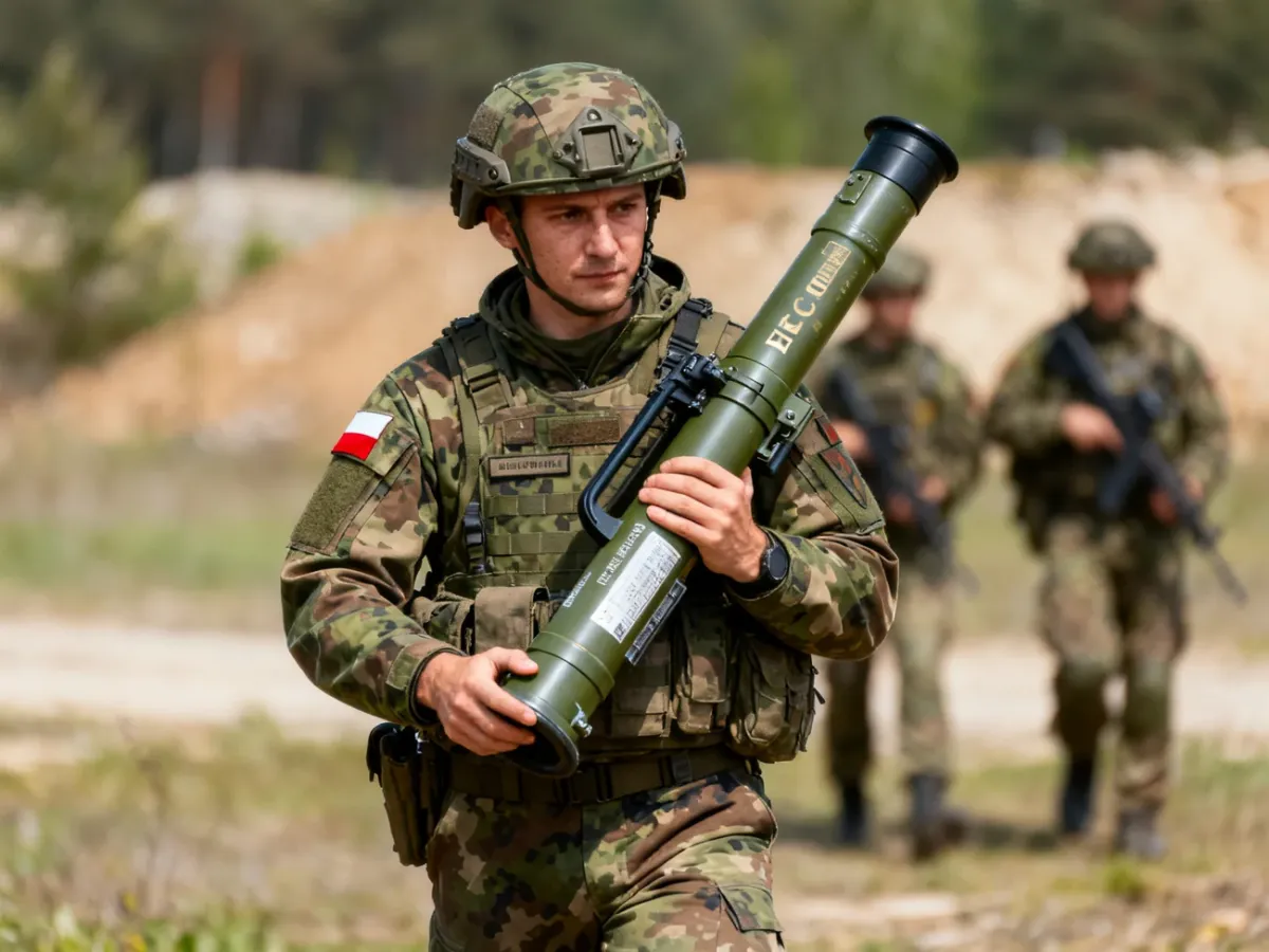 Polski żołnierz piechoty lekkiej przenoszący granatnik M72 podczas ćwiczeń