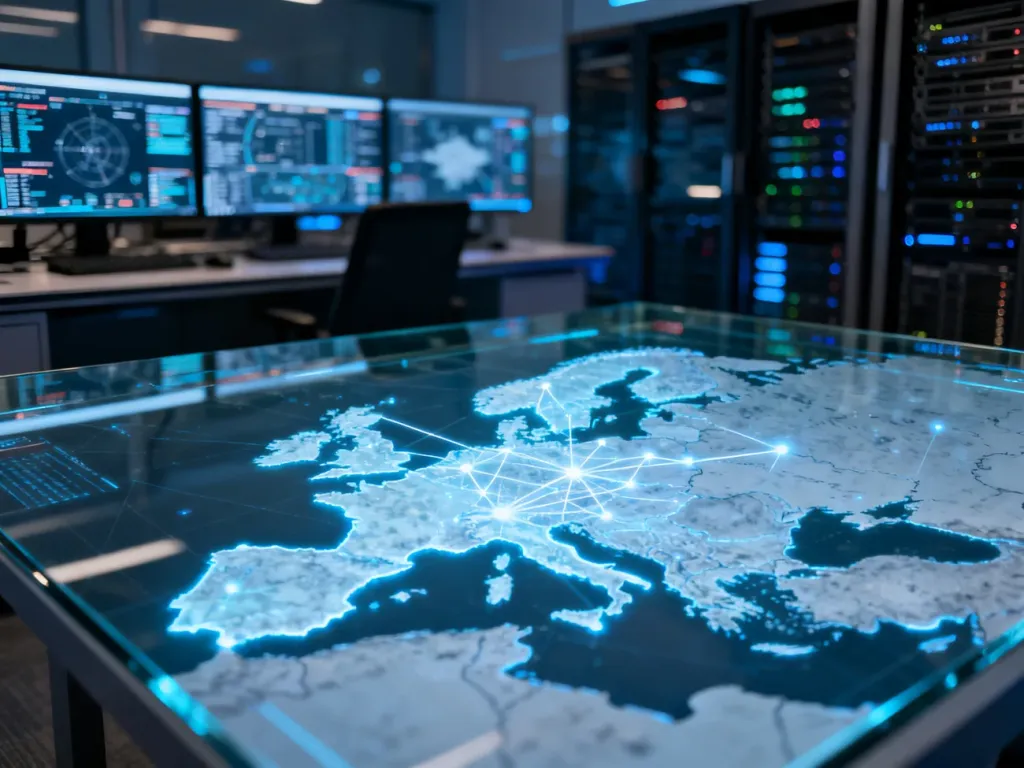 Nowoczesne centrum dowodzenia z holograficzną mapą Europy, symbolizujące współpracę obronną i strategiczne planowanie.