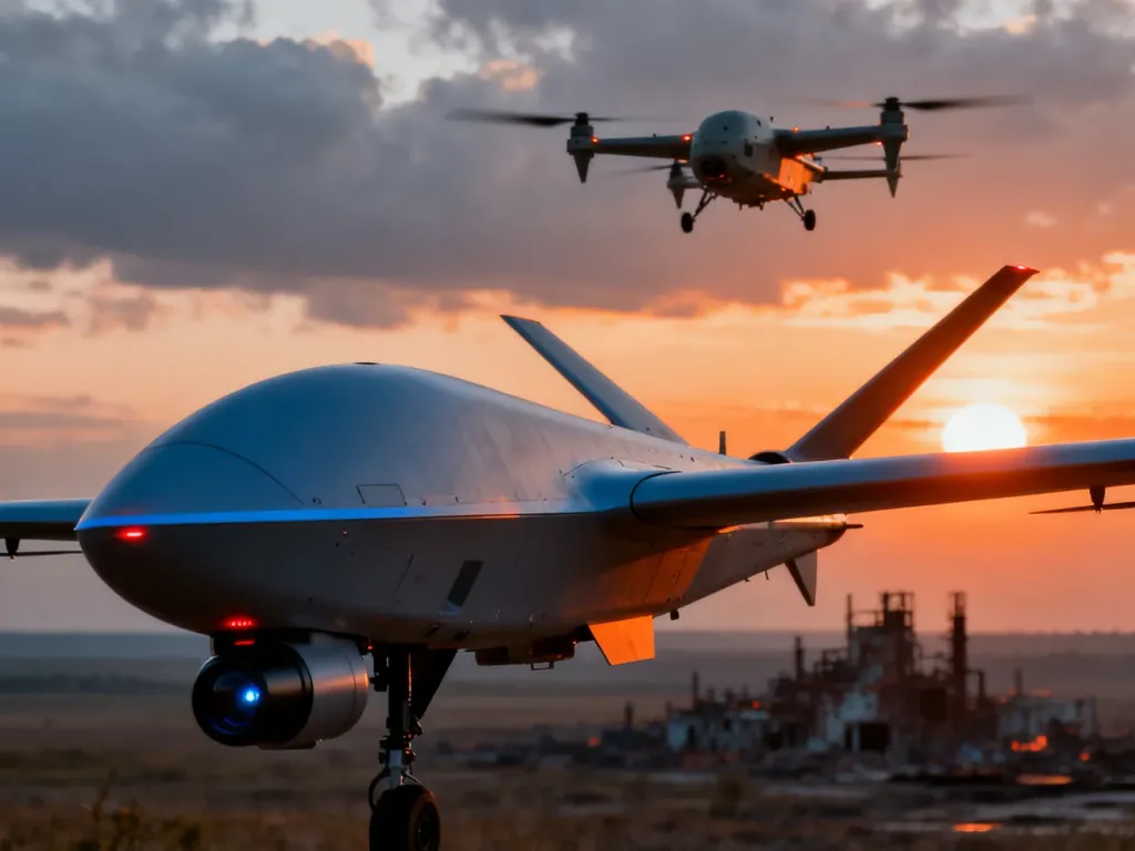 Nowoczesny dron bojowy z zaawansowanymi sensorami zawieszony w powietrzu na tle opuszczonego obiektu przemysłowego.