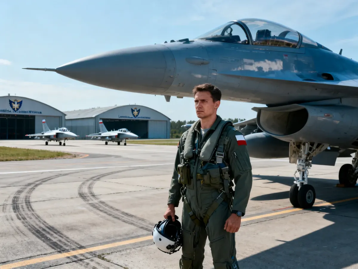 Pilot myśliwca stojący przy wojskowym samolocie na lotnisku