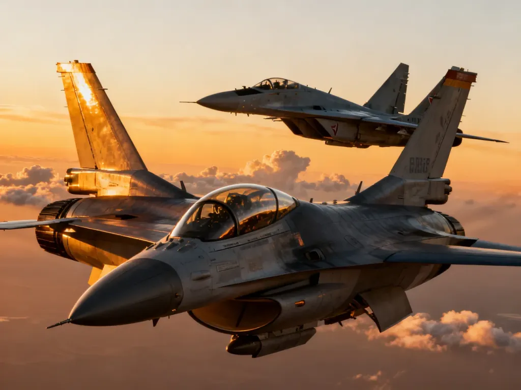 Myśliwce F-16 i MiG-29 lecące w szyku na tle zachodzącego słońca, prezentujące swoje sylwetki w locie.
