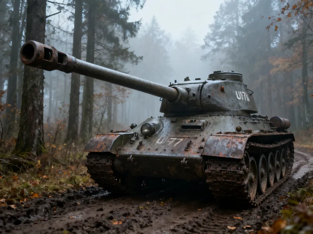 Radzieckie działo samobieżne SU-76 zaparkowane na błotnistej leśnej ścieżce w jesiennej scenerii.