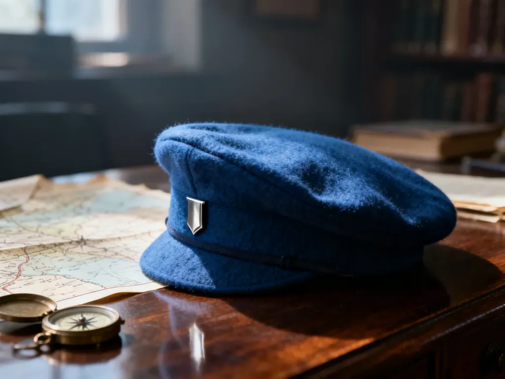 Niebieski beret wojskowy z metalowym emblematem spoczywający na drewnianym stole w otoczeniu map i kompasów.