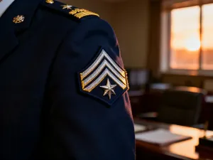 Nowoczesny granatnik przeciwpancerny spoczywający na metalowej powierzchni w wojskowym hangarze.