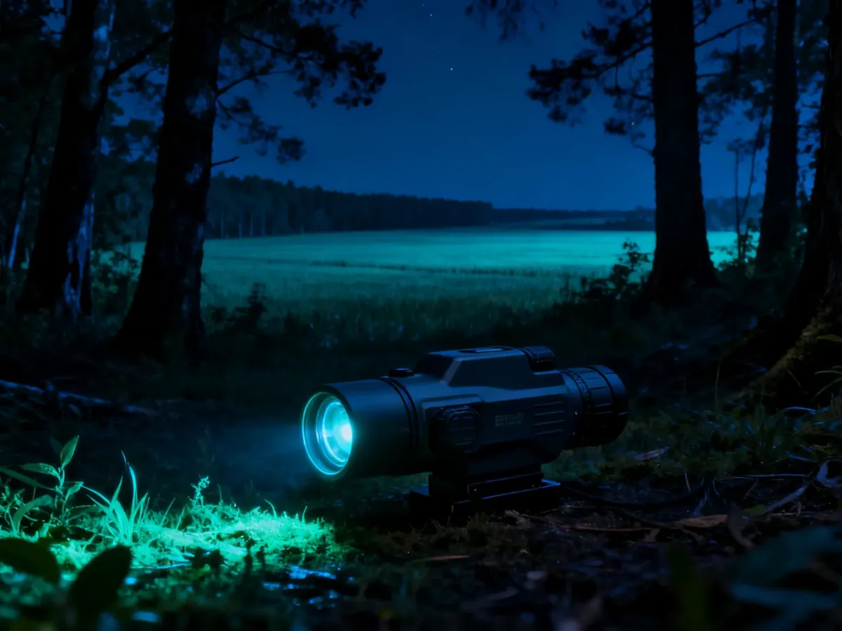 Cyfrowy noktowizor z iluminatorem IR na tle ciemnego lasu i polany
