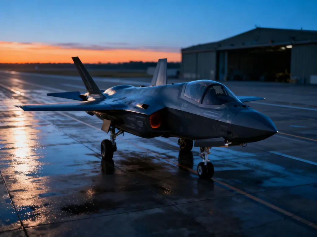Nowoczesny myśliwiec F-35 zaparkowany na pasie startowym w świetle poranka.