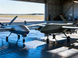 Nowoczesny myśliwiec F-16 zaparkowany na pasie startowym w świetle zachodzącego słońca.