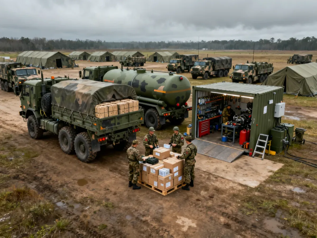 Batalion logistyczny z ciężarówkami, cysternami i mobilnym warsztatem w warunkach polowych