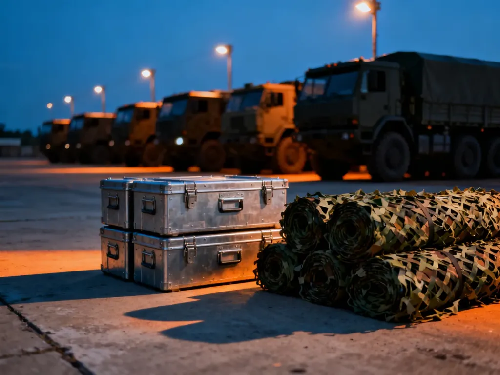 Zorganizowana baza logistyczna z zapasami wojskowymi i pojazdami transportowymi w świetle reflektorów o zmierzchu.