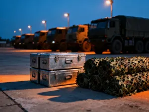 Tor przeszkód na poligonie wojskowym z drewnianą ścianką wspinaczkową i równoważnią w promieniach porannego słońca.
