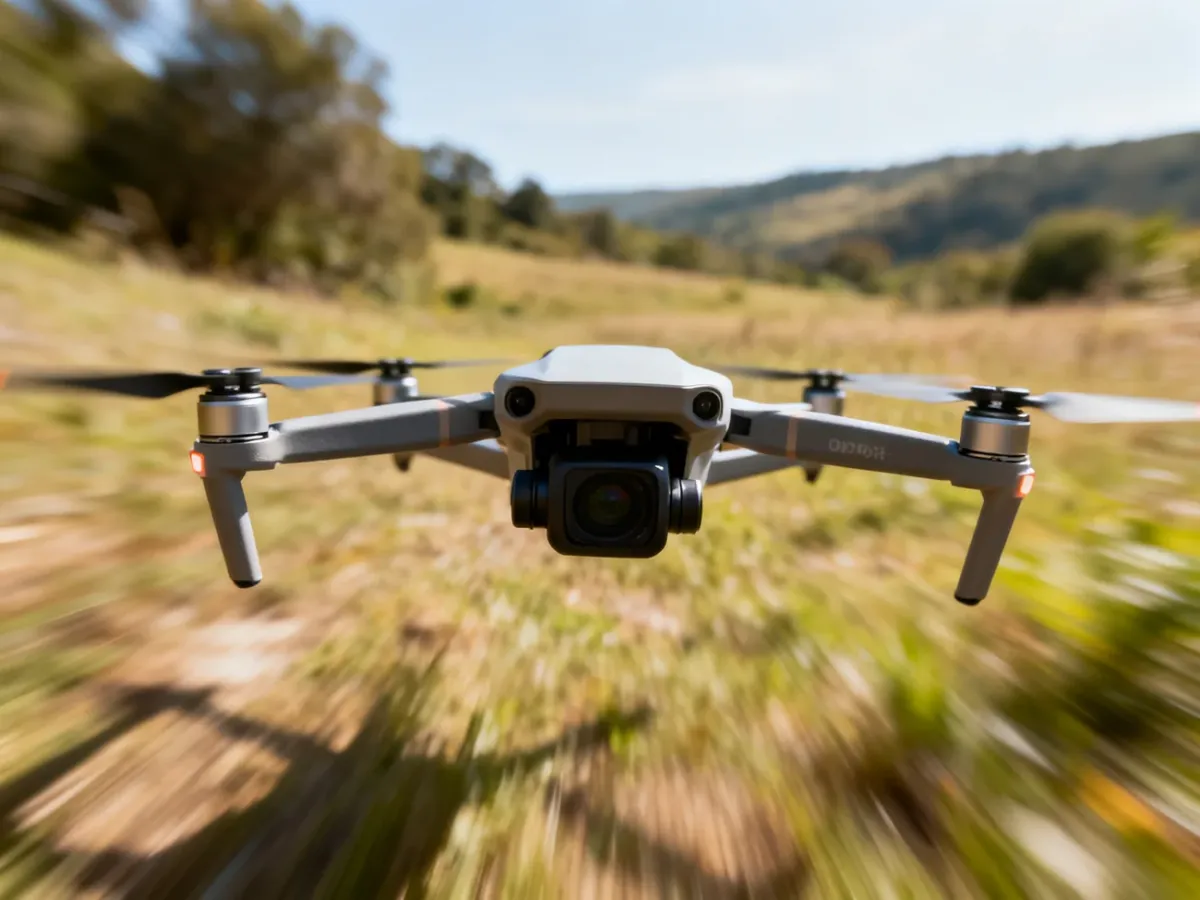 Dynamiczny dron FPV podczas szybkiego lotu nad otwartym terenem