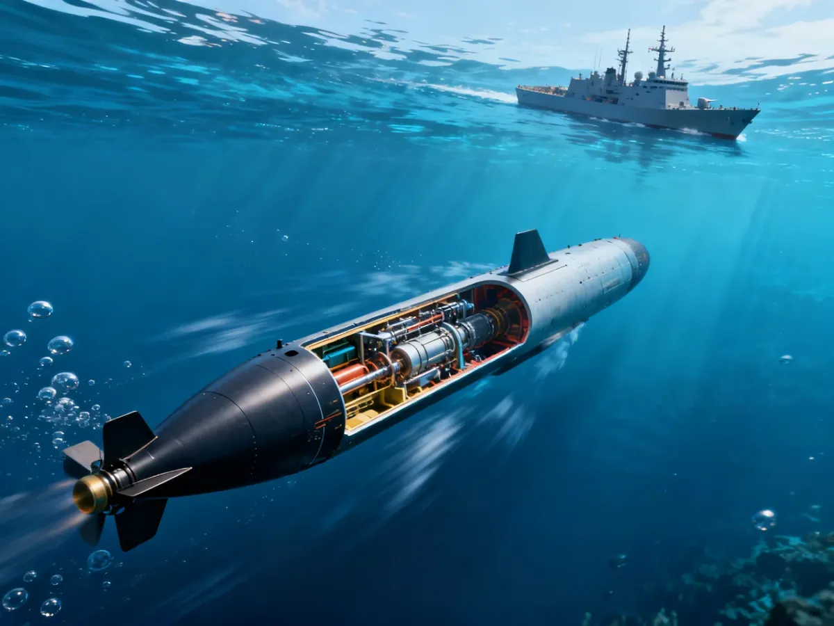 Torpeda poruszająca się pod wodą w kierunku okrętu