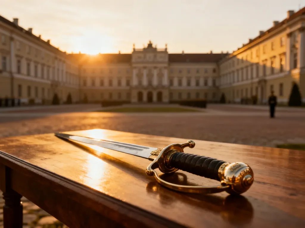 Historyczne koszary Pułku Reprezentacyjnego WP w Warszawie o wschodzie słońca z ceremonialną szablą na pierwszym planie.