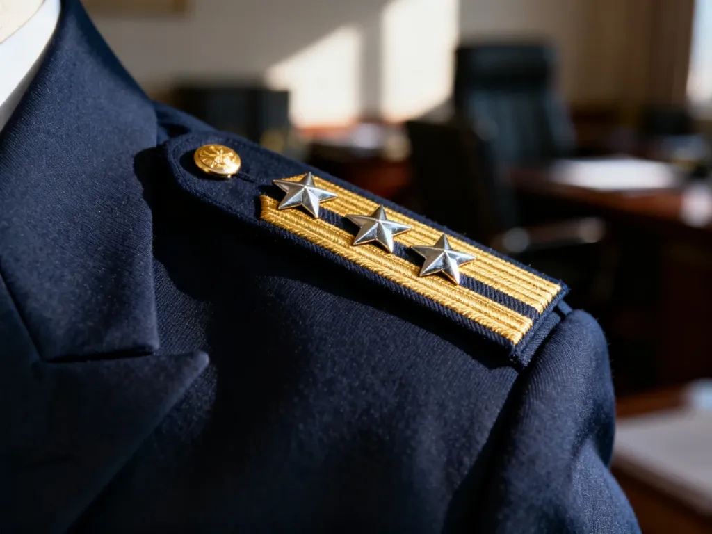Złote i srebrne dystynkcje wojskowe spoczywające na granatowym mundurze, symbolizujące hierarchię stopni w Wojsku Polskim.