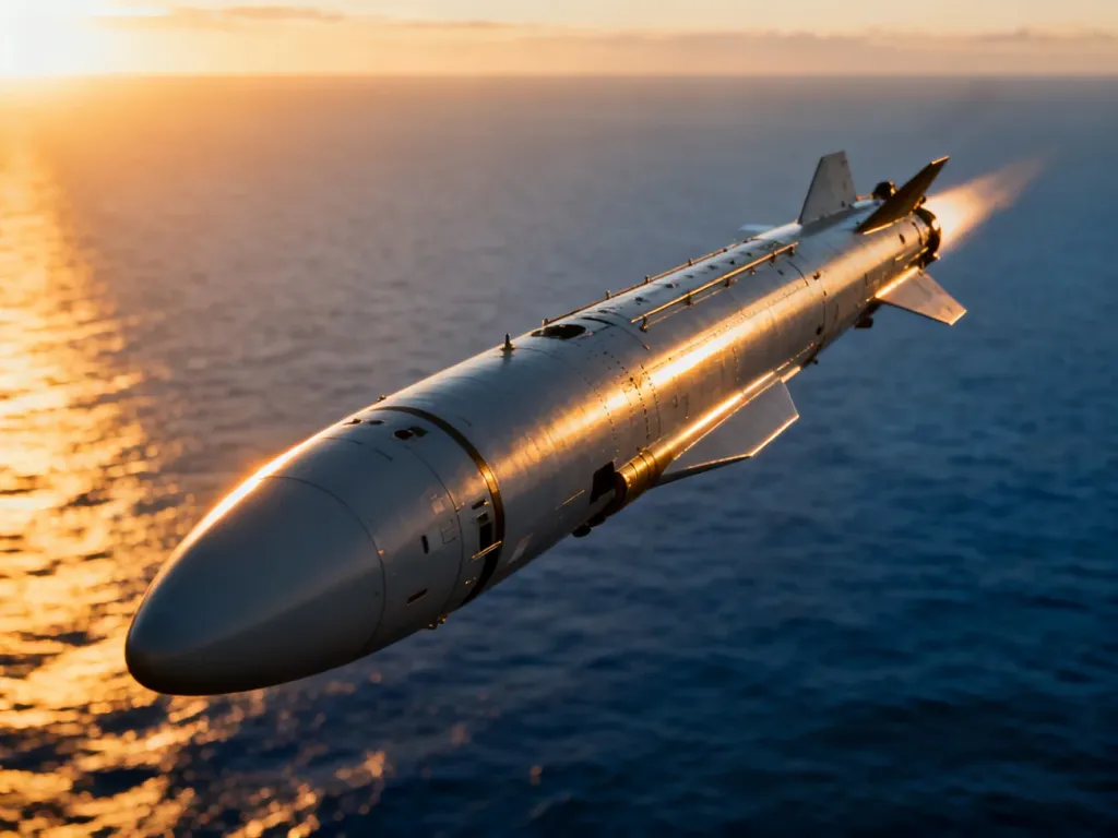 Pocisk manewrujący Tomahawk lecący nad oceanem w świetle zachodzącego słońca.