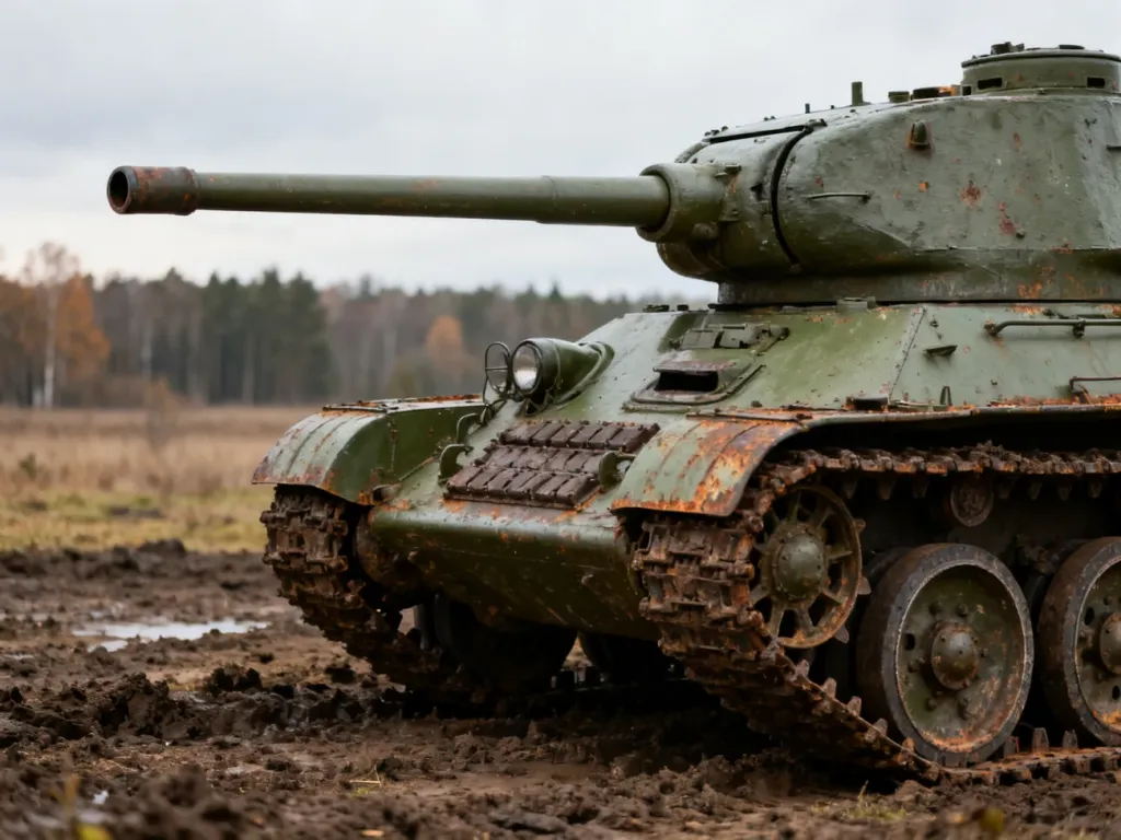 Radzieckie działo samobieżne SU-57 na błotnistym polu w jesiennej scenerii. Widok z boku prezentujący detale pancerza i działa.
