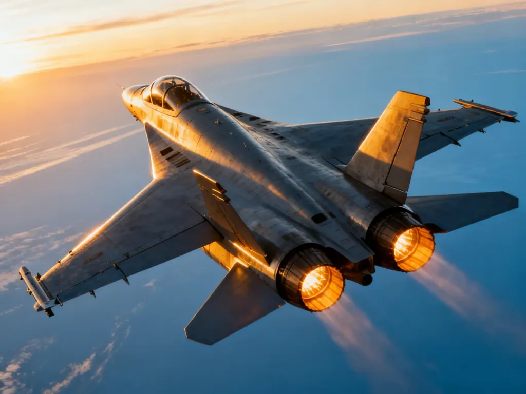 Nowoczesny myśliwiec w locie na tle zachodzącego słońca, prezentujący aerodynamiczną konstrukcję i silniki odrzutowe.