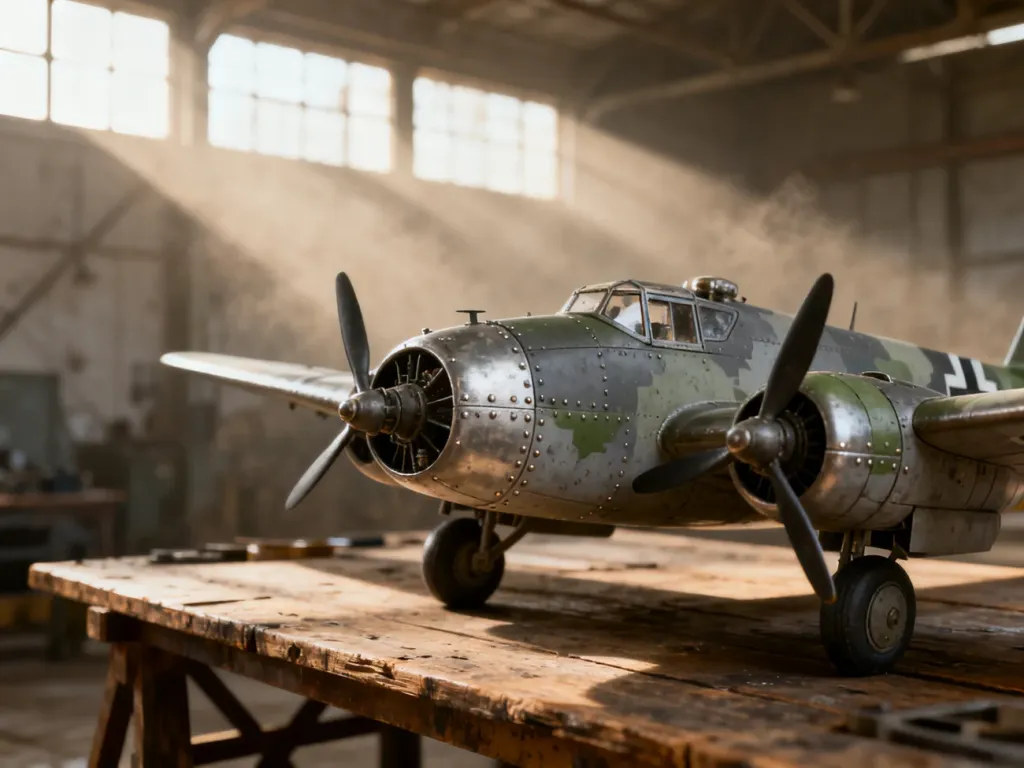 Szczegółowy model niemieckiego bombowca Luftwaffe na warsztacie, ukazujący historyczne detale konstrukcyjne maszyny.