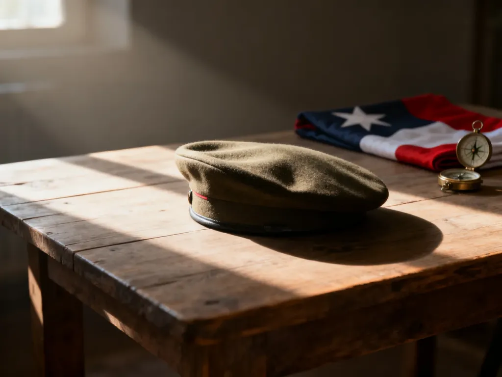 Wojskowy beret na drewnianym stole w otoczeniu symboli narodowych, nawiązujący do tematyki służby wojskowej.