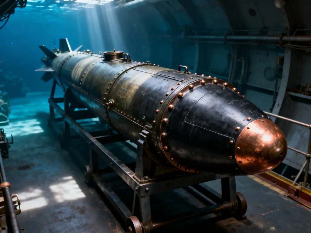 Zabytkowa torpeda morska na metalowym stojaku wewnątrz industrialnego hangaru okrętów podwodnych.