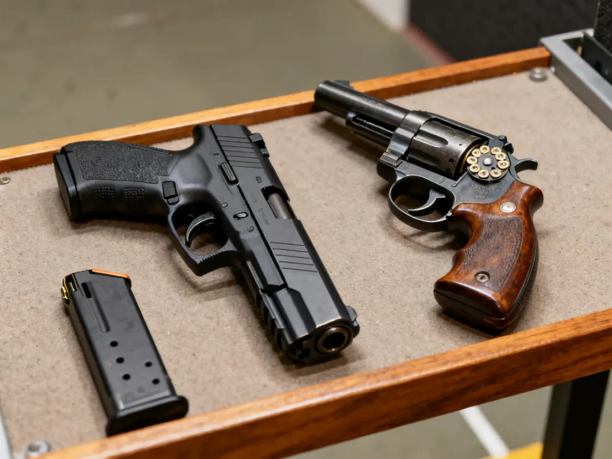 Pistolet samopowtarzalny i rewolwer pokazane obok siebie na stanowisku strzeleckim