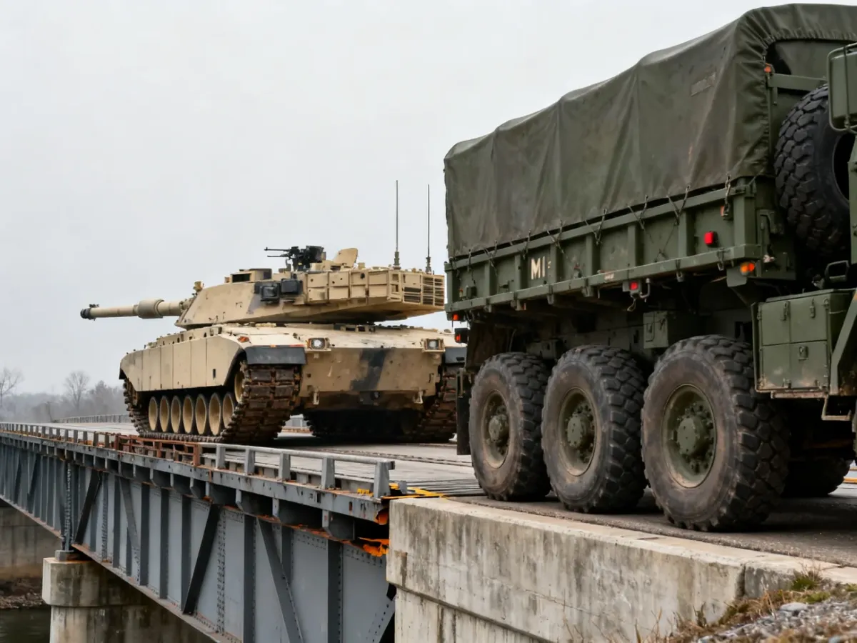 Czołg Abrams na ciężkim transporterze w pobliżu wzmocnionego mostu