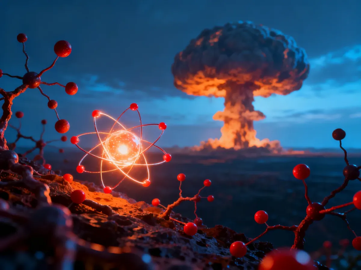 Symboliczna ilustracja rozszczepienia i syntezy jąder atomowych na tle chmury po wybuchu