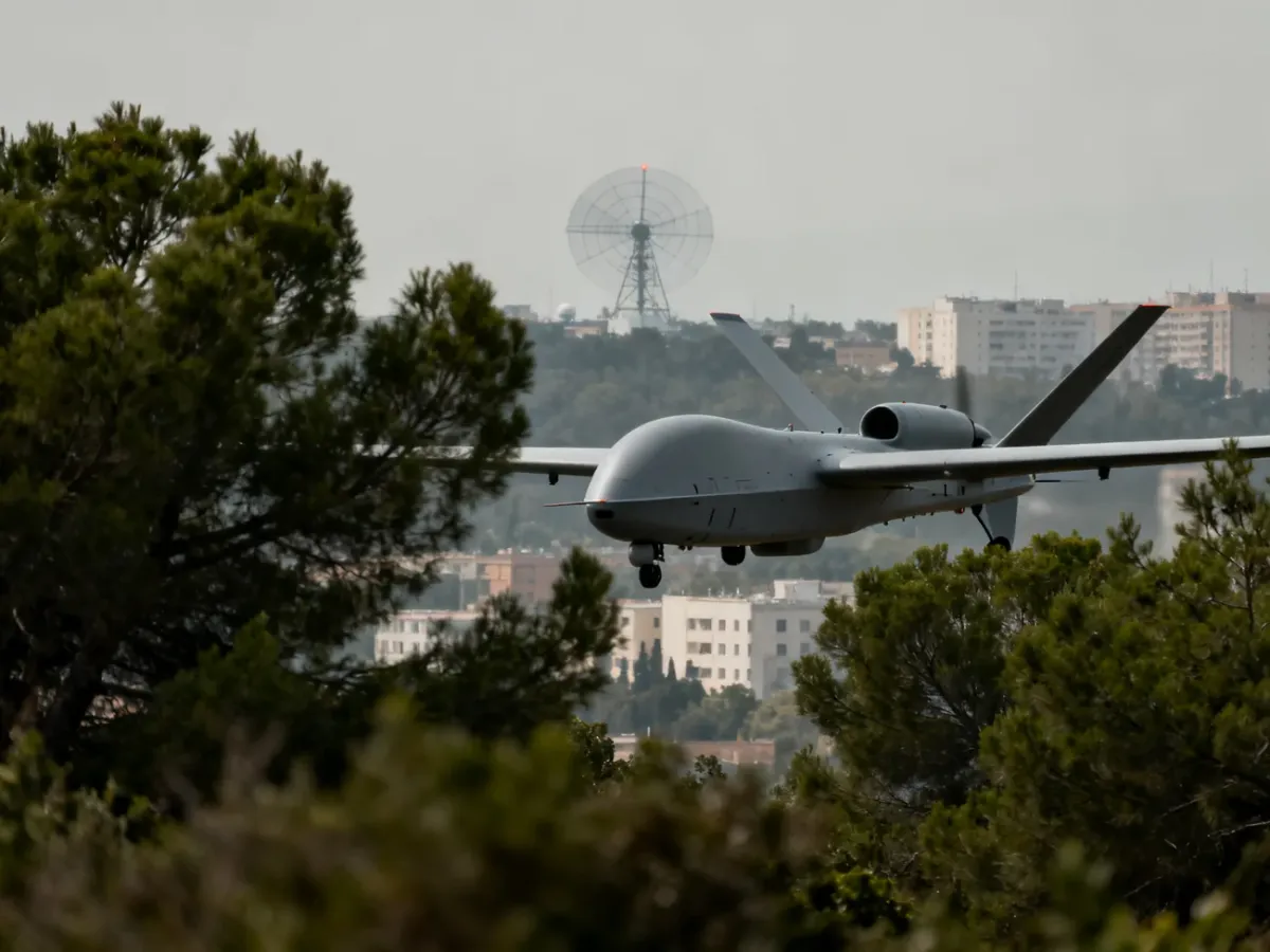 Nisko lecący dron częściowo zasłonięty przez drzewa i zabudowę
