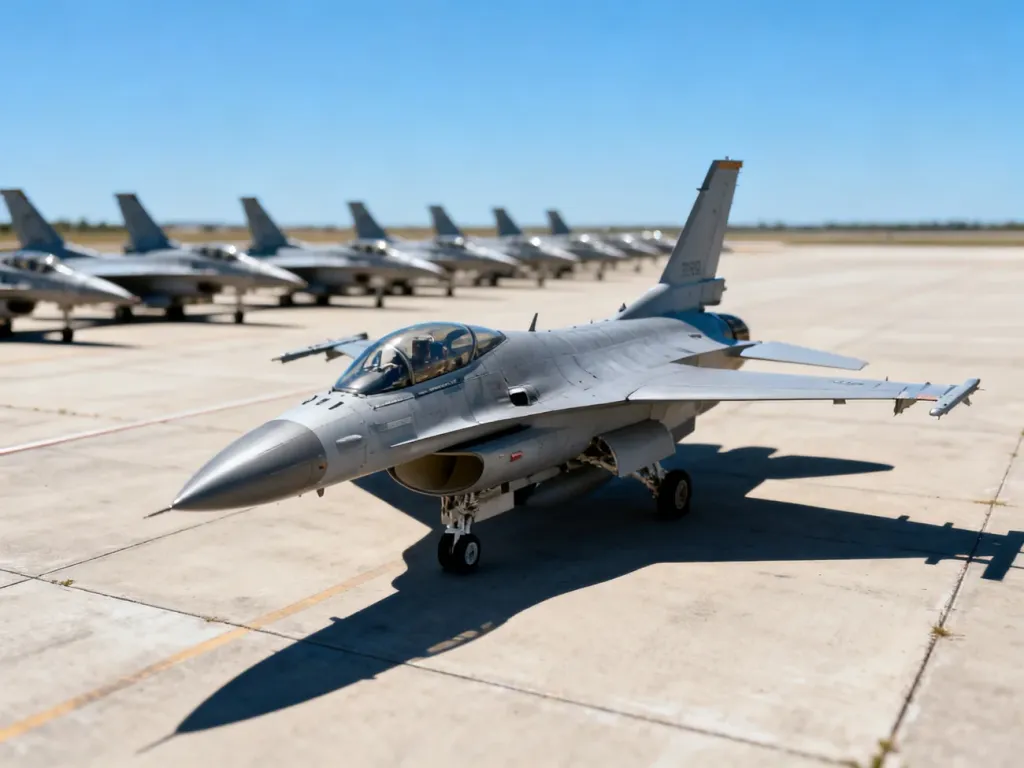 Szary myśliwiec F-16 zaparkowany na płycie lotniska wojskowego w otoczeniu innych maszyn tego typu.