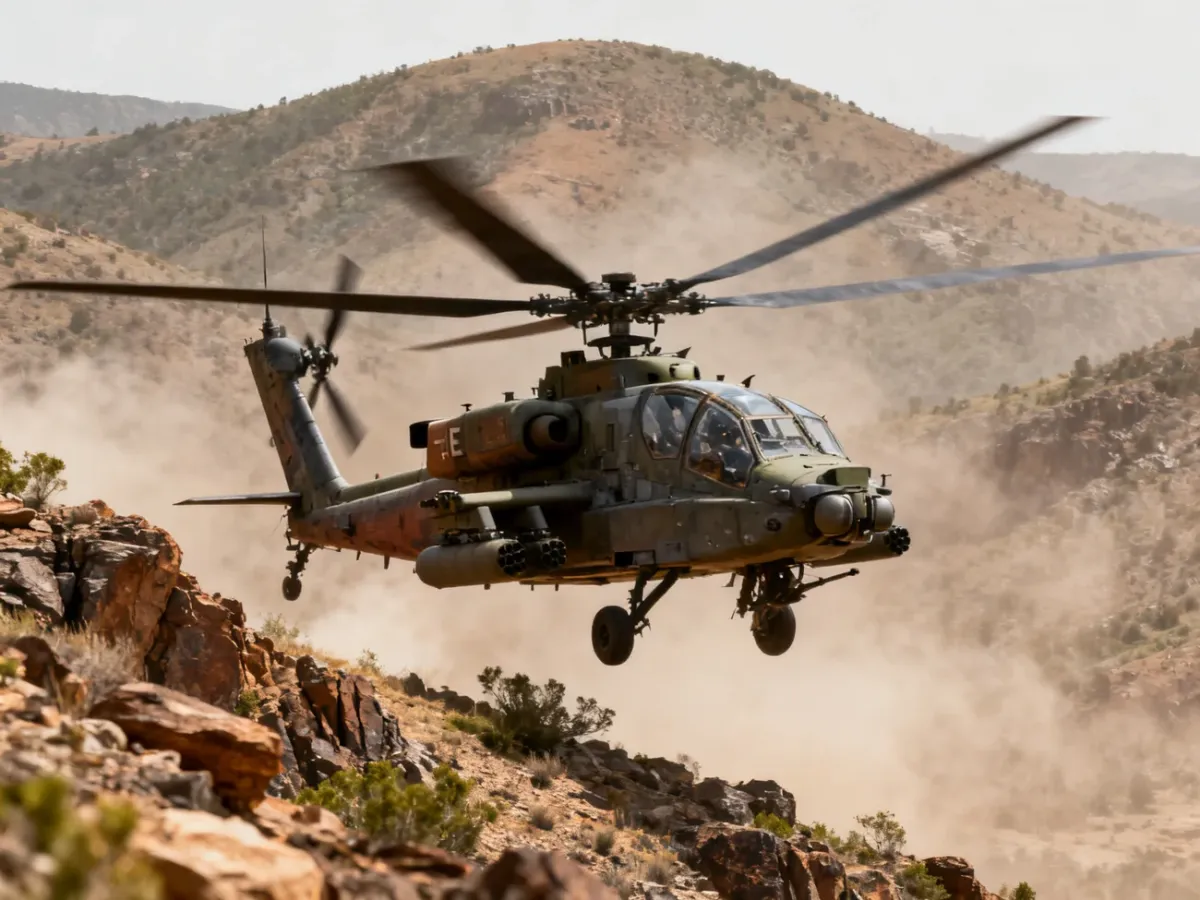 Śmigłowiec bojowy AH-64E zawisający nad skalistym terenem