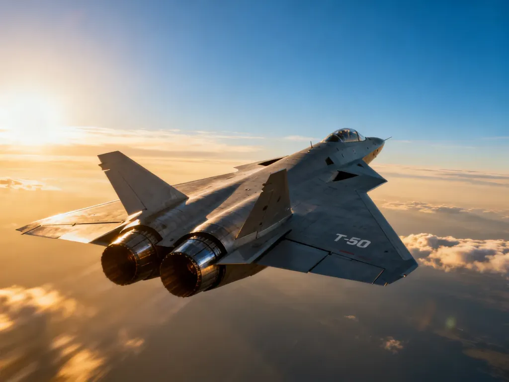 Myśliwiec T-50 w locie na tle błękitnego nieba podczas złotej godziny, prezentujący aerodynamiczną sylwetkę maszyny.