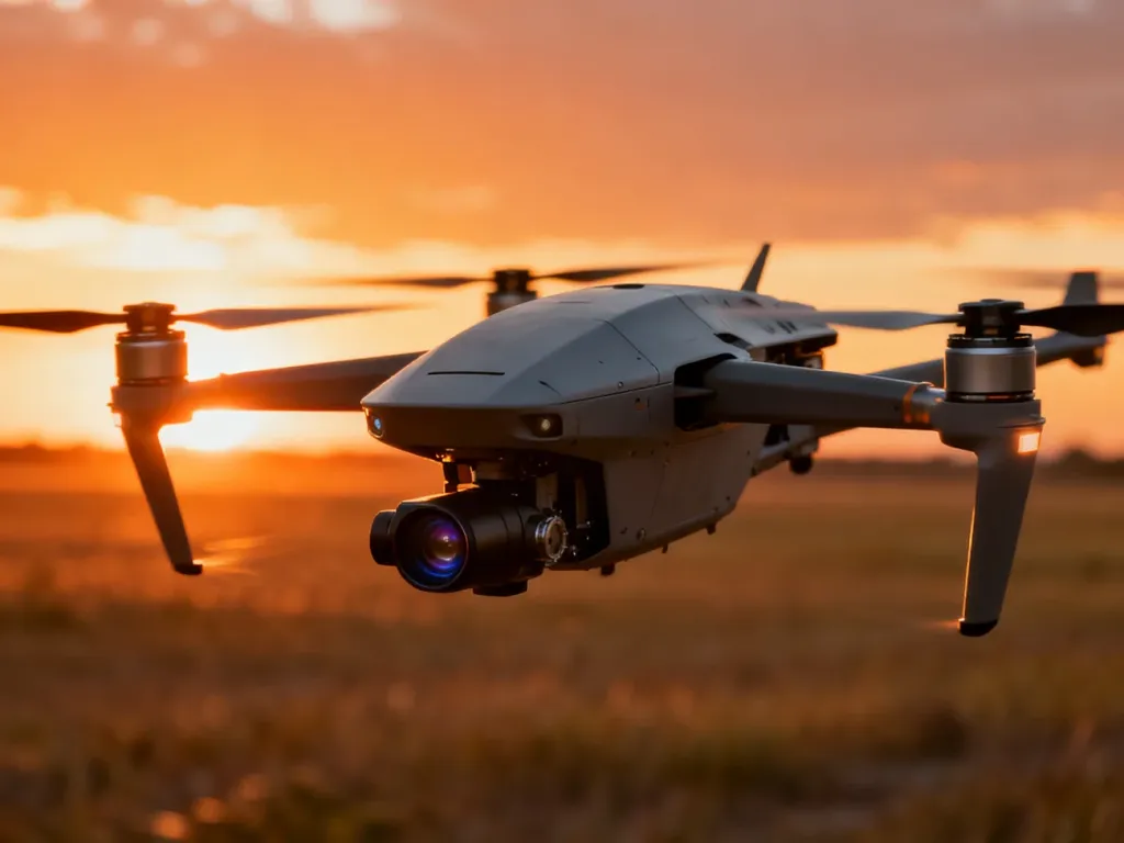 Nowoczesny dron kamikadze z widocznymi wirnikami i kamerą, zawieszony w powietrzu na tle zachodzącego słońca.