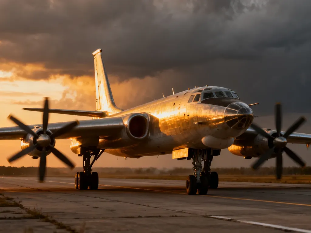 Rosyjski bombowiec strategiczny Tu-95 zaparkowany na pasie startowym w świetle zachodzącego słońca.