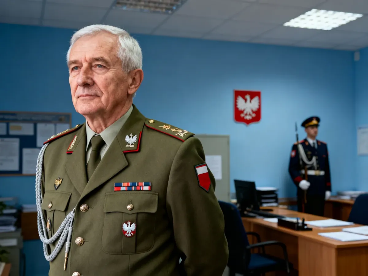 Starszy żołnierz zawodowy w mundurze na tle wojskowego budynku