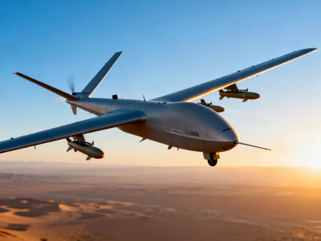 Nowoczesny dron bojowy z podwieszonymi pociskami precyzyjnymi, lecący nad pustynnym krajobrazem w świetle wschodzącego słońca.