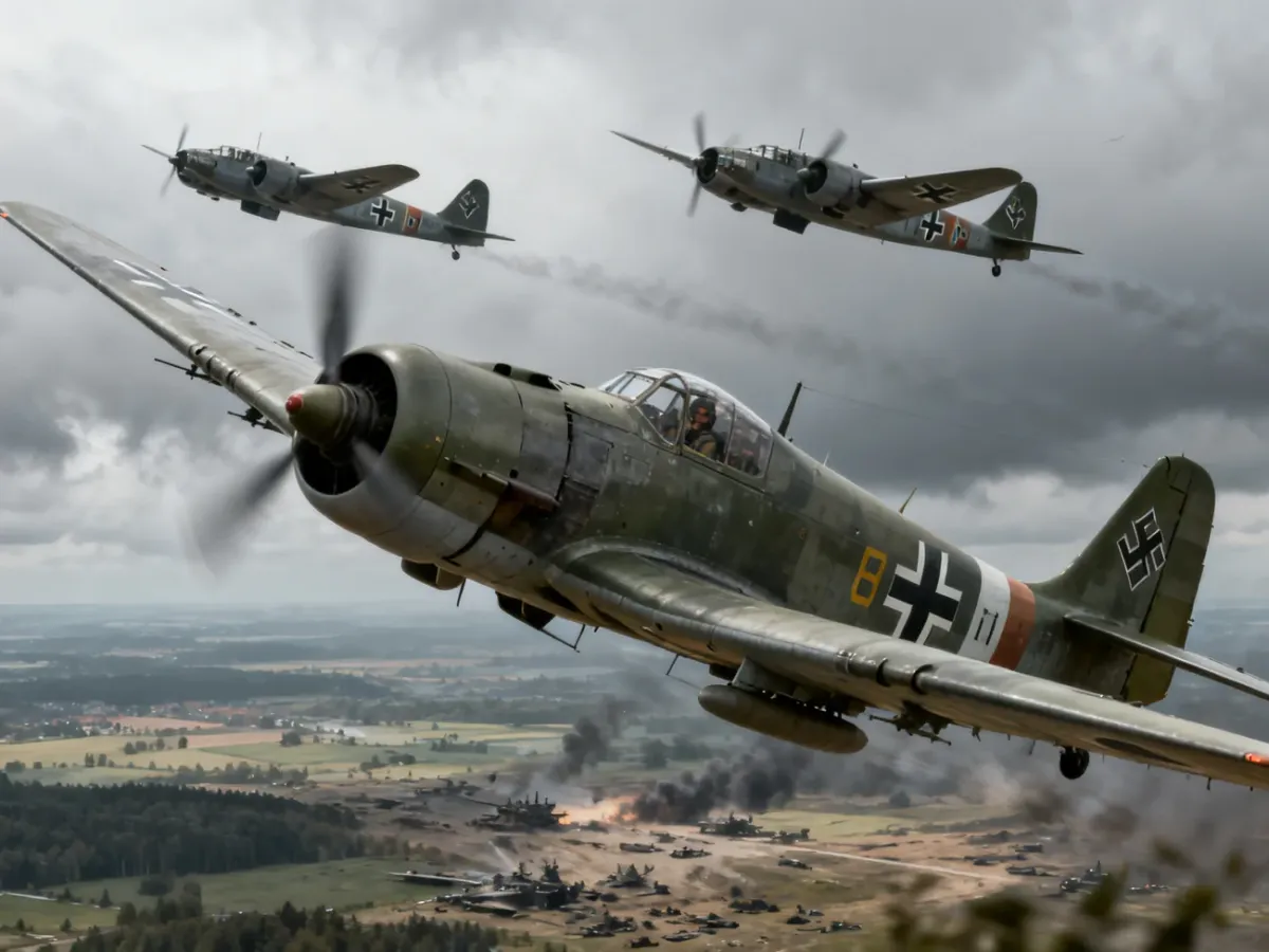 Formacja niemieckich bombowców Luftwaffe z Ju 87 na pierwszym planie
