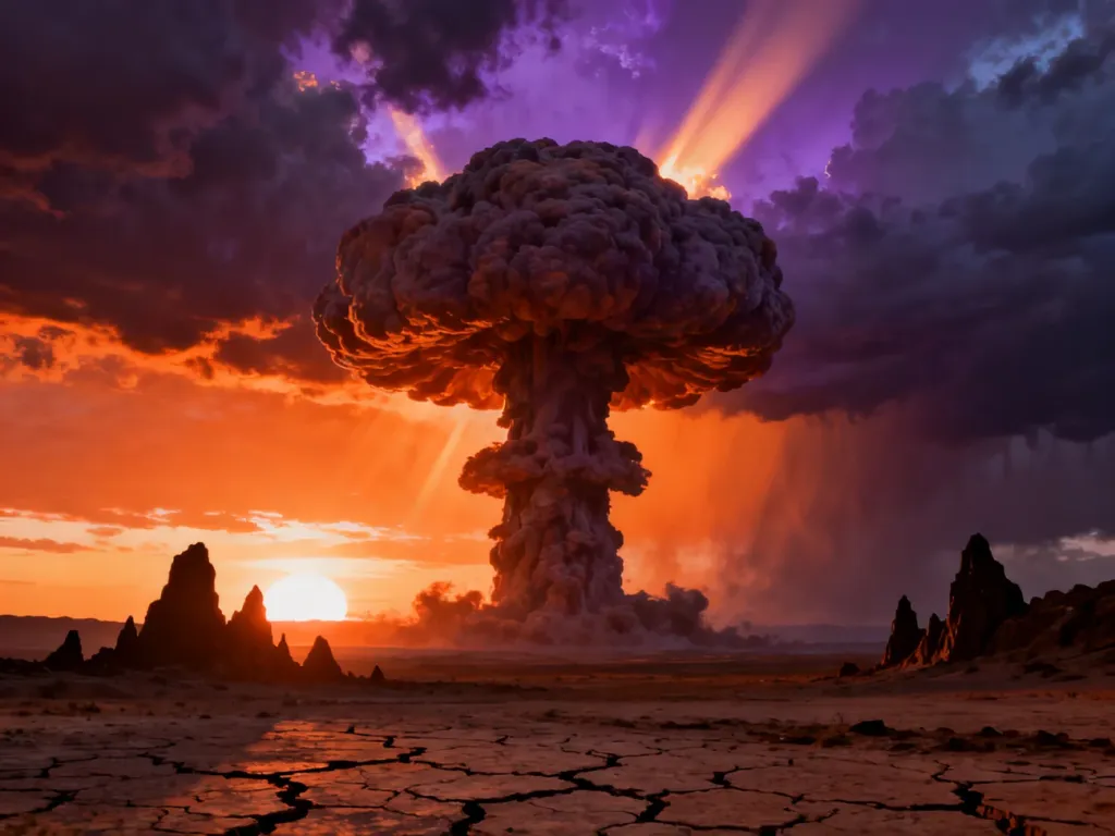 Potężny grzyb atomowy wznoszący się nad pustynnym krajobrazem o zachodzie słońca, obrazujący niszczycielską siłę broni jądrowej.