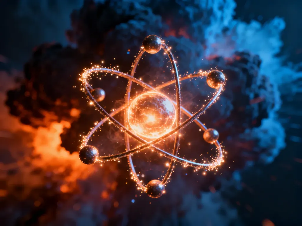 Model atomu uranu z jarzącymi się elektronami na tle abstrakcyjnej eksplozji, ilustrujący proces rozszczepienia jądrowego.