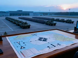 Czołgi Panzer V Panther i Tiger I stojące obok siebie na błotnistym polu bitwy w świetle zachodzącego słońca.
