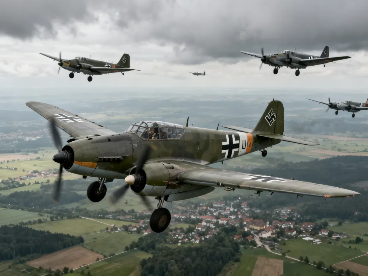 Formacja niemieckich bombowców Ju 87, He 111, Do 17 i Ju 88 w locie