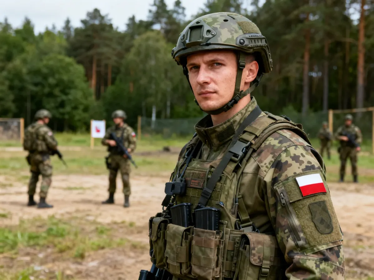 Żołnierz WOT podczas szkolenia w terenie z grupą współćwiczących
