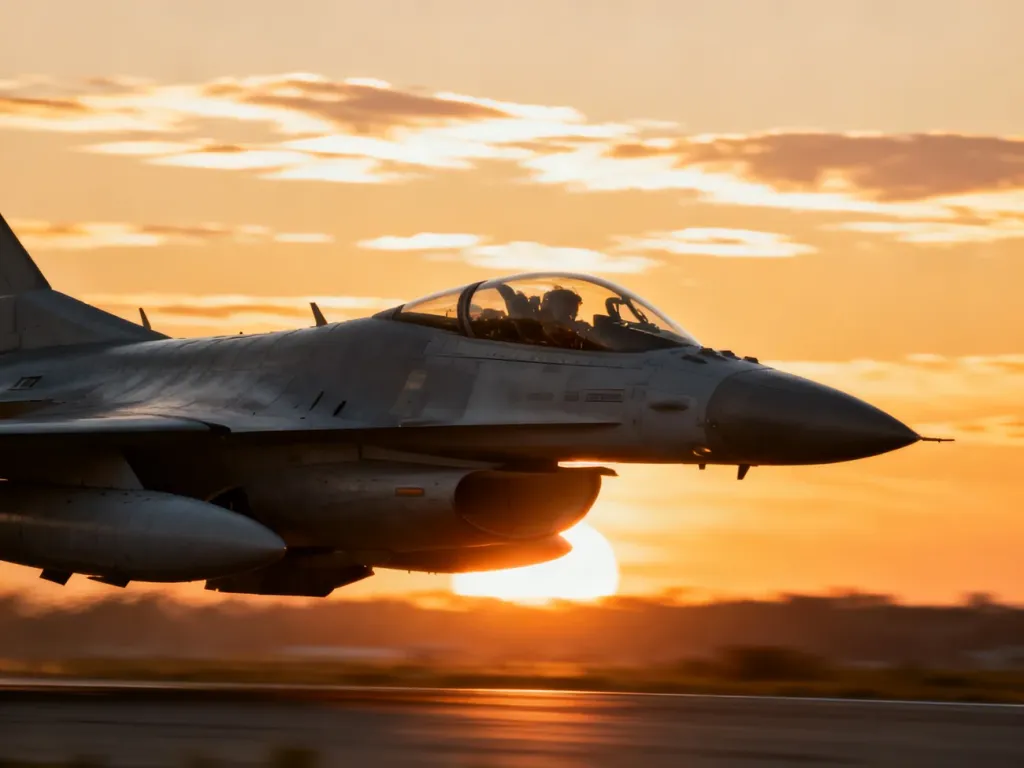 Myśliwiec F-16 lecący na tle zachodzącego słońca, prezentujący swoją aerodynamiczną sylwetkę.