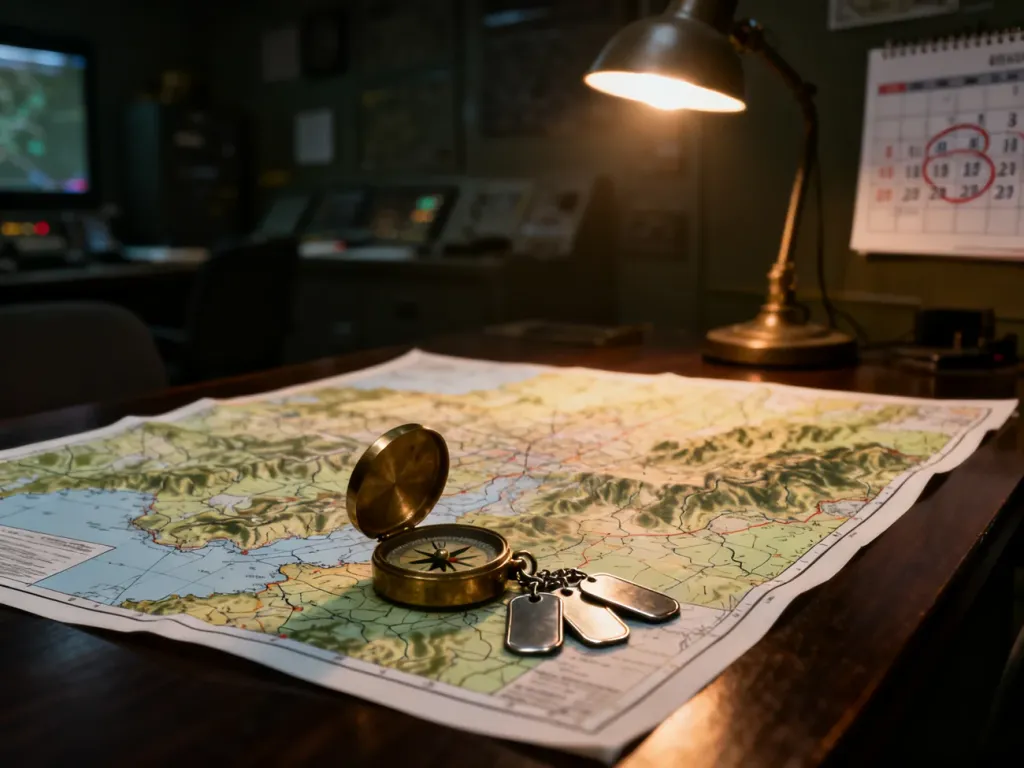 Mapa taktyczna z kompasem i nieśmiertelnikami na stole, symbolizująca planowanie działań wojskowych i rezerwę.