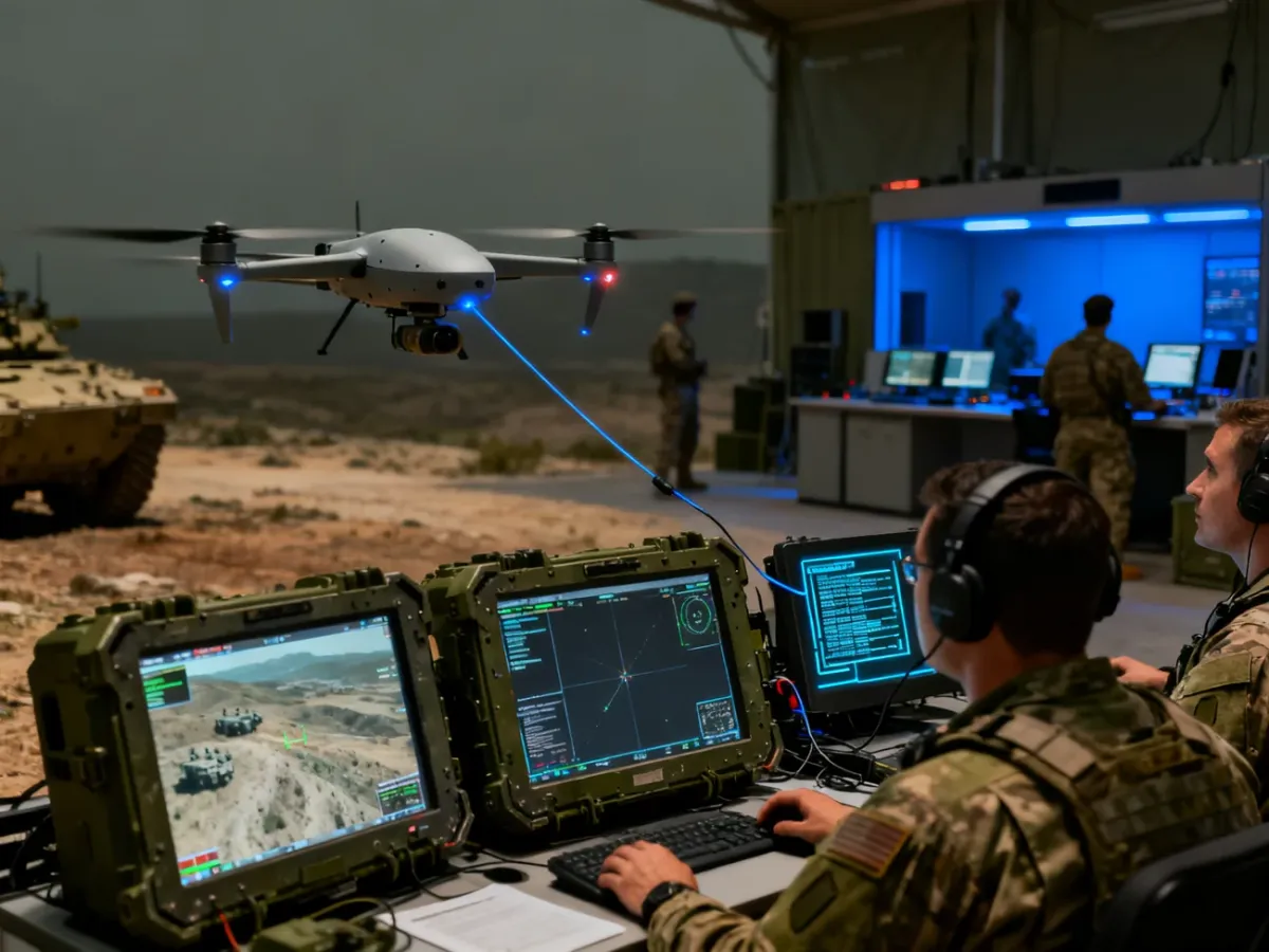 Dron rozpoznawczy połączony z centrum dowodzenia i operatorami analizującymi dane
